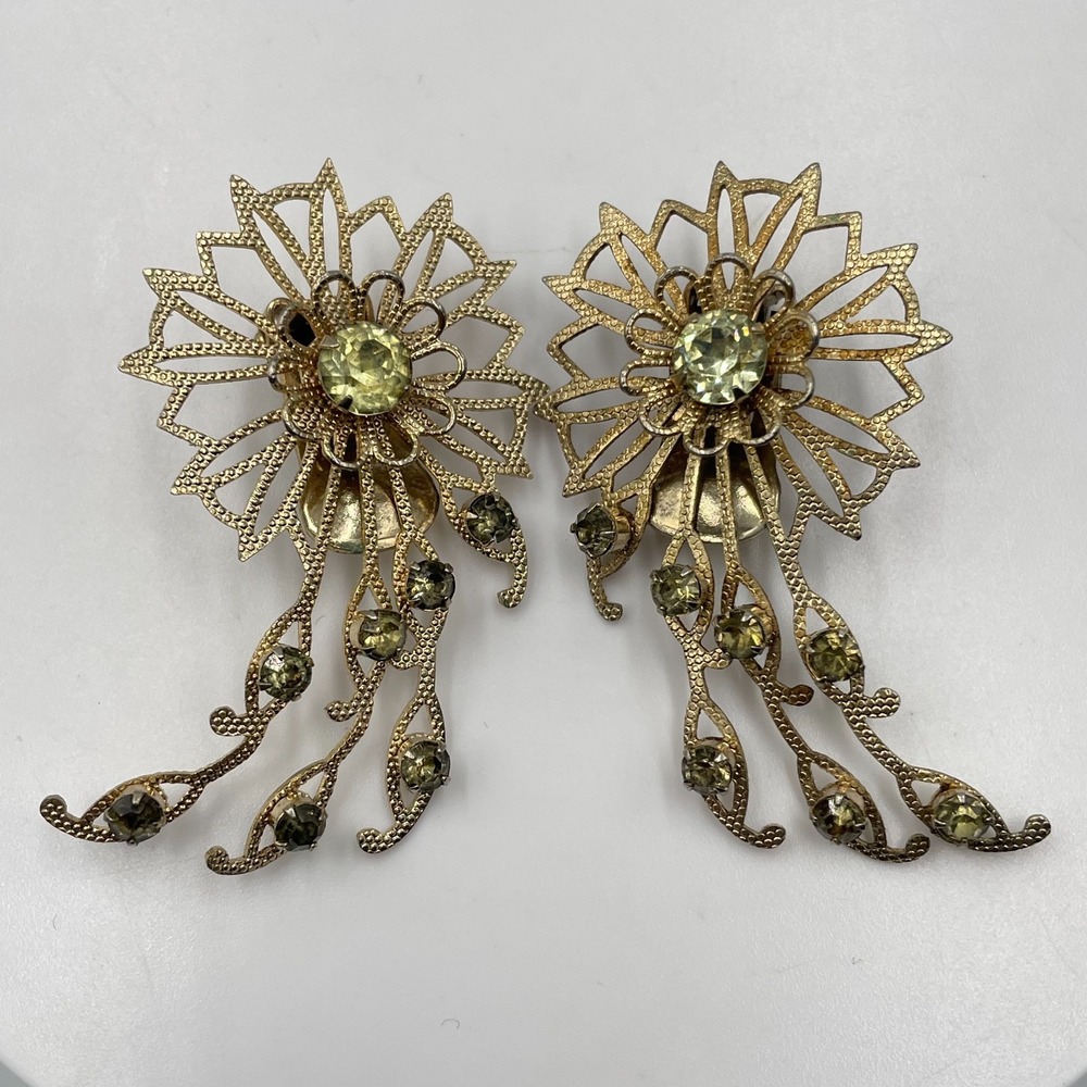 Vintage Gold Tone Olive Green Rhinestone Floral Dangle Clip-On Earrings Fashion